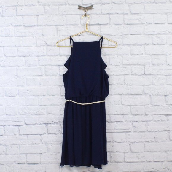 IZ BYER Navy Halter V Neck Ruffle Belted Faux Wrap Rustic Dress Size XL - Picture 9 of 10